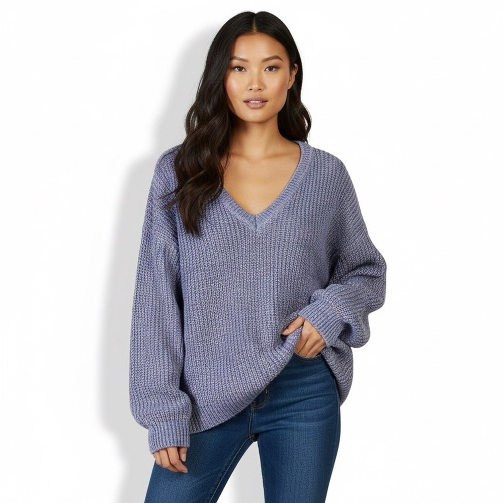 C'isa V-Neck Marled Chunky Knit Pullover Sweater Purple Oversized Boho Size S